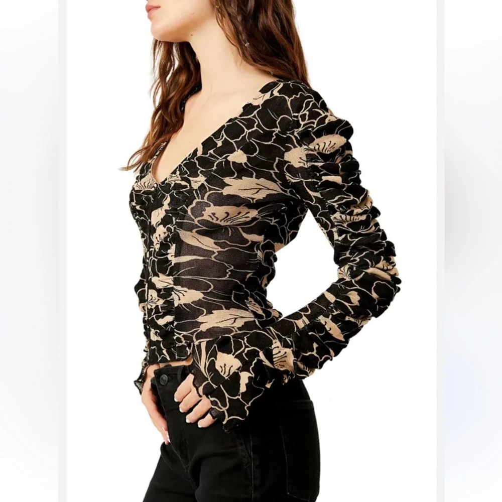 Free People Through the Meadow Top Black and Cream Floral Blouse. Size S - M